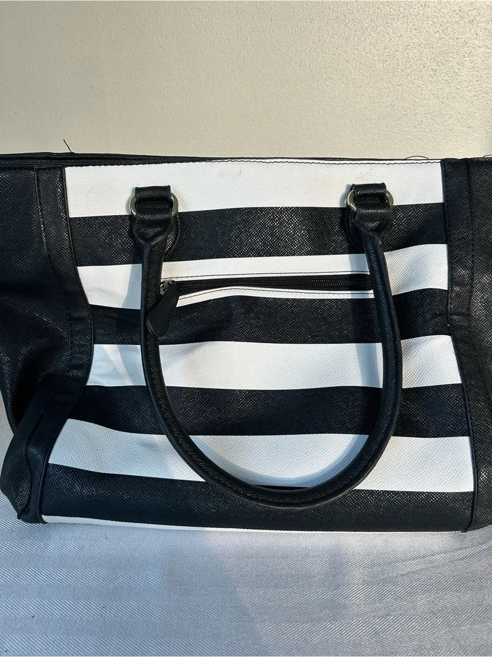 Black and White Structured Stripe Tote Shoulder Bag